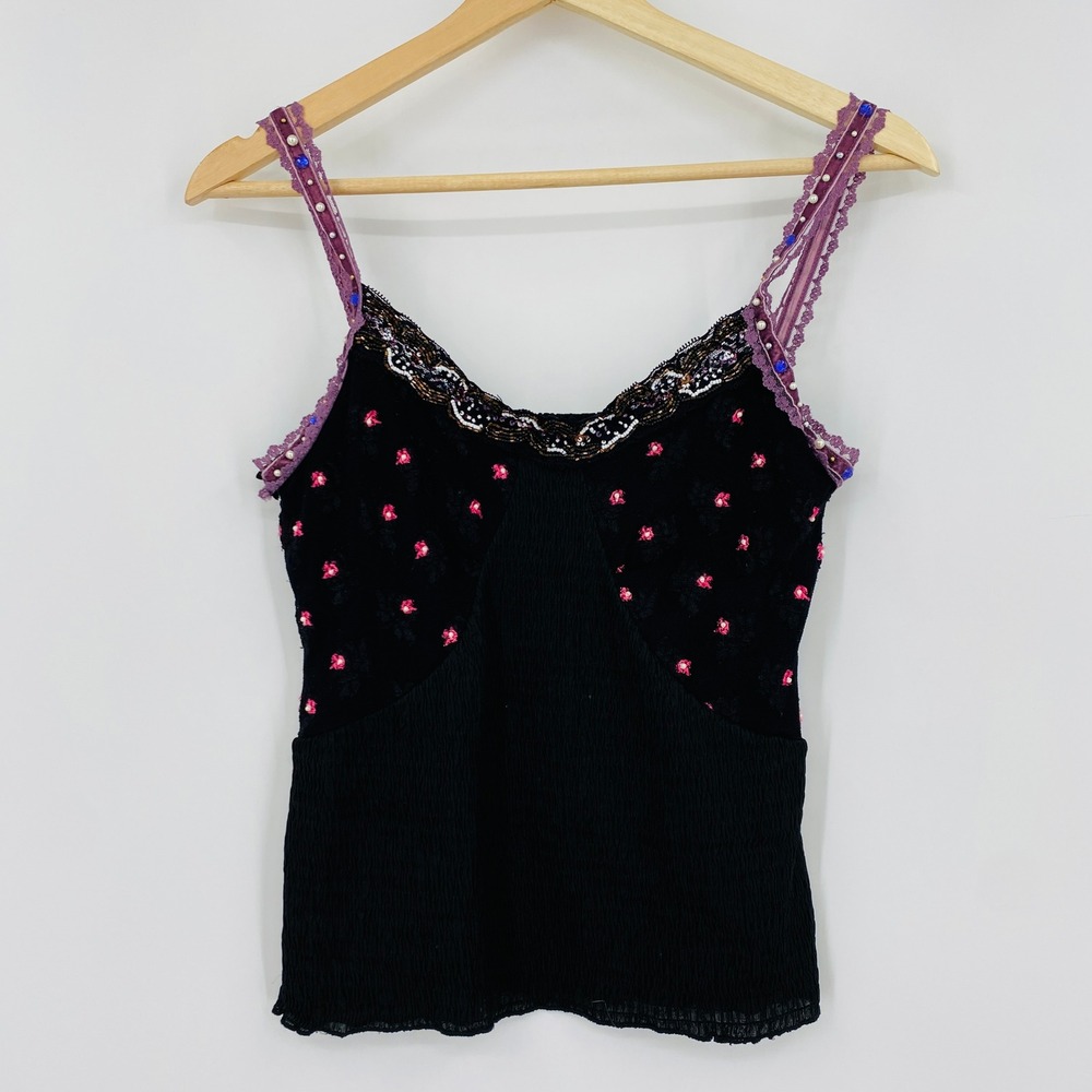 Carolina Amato Camisole Womens Medium Black Floral Beaded Lace Trim Y2K Cami